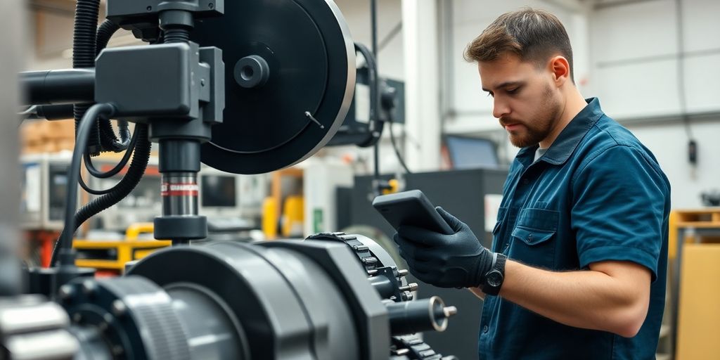 Técnico trabalhando em oficina moderna com ferramentas avançadas.